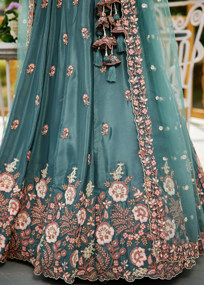 Teal Green Satin Lehenga Choli with Elegant Floral Embroidery - House of Sarvati LLC
