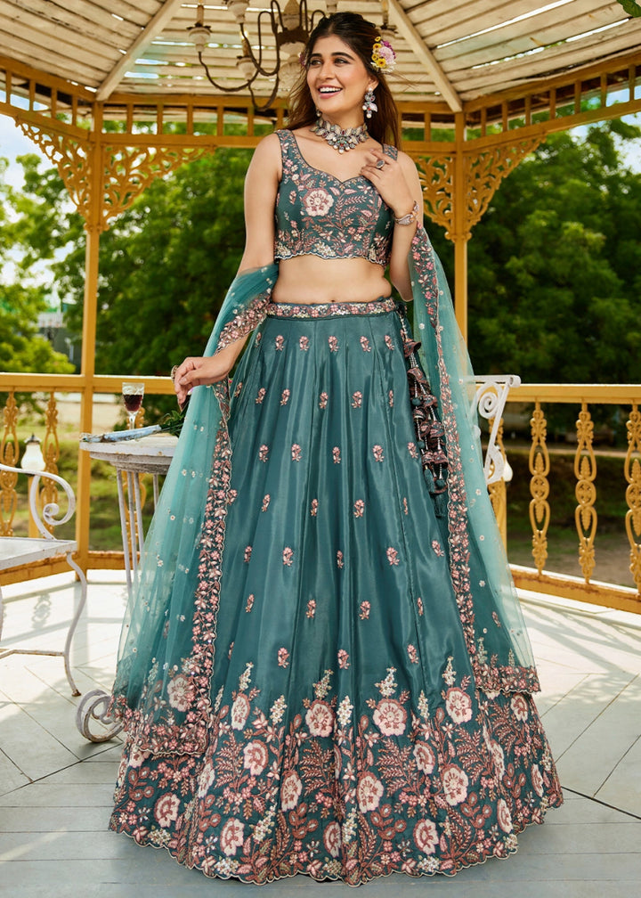 Teal Green Satin Lehenga Choli with Elegant Floral Embroidery - House of Sarvati LLC