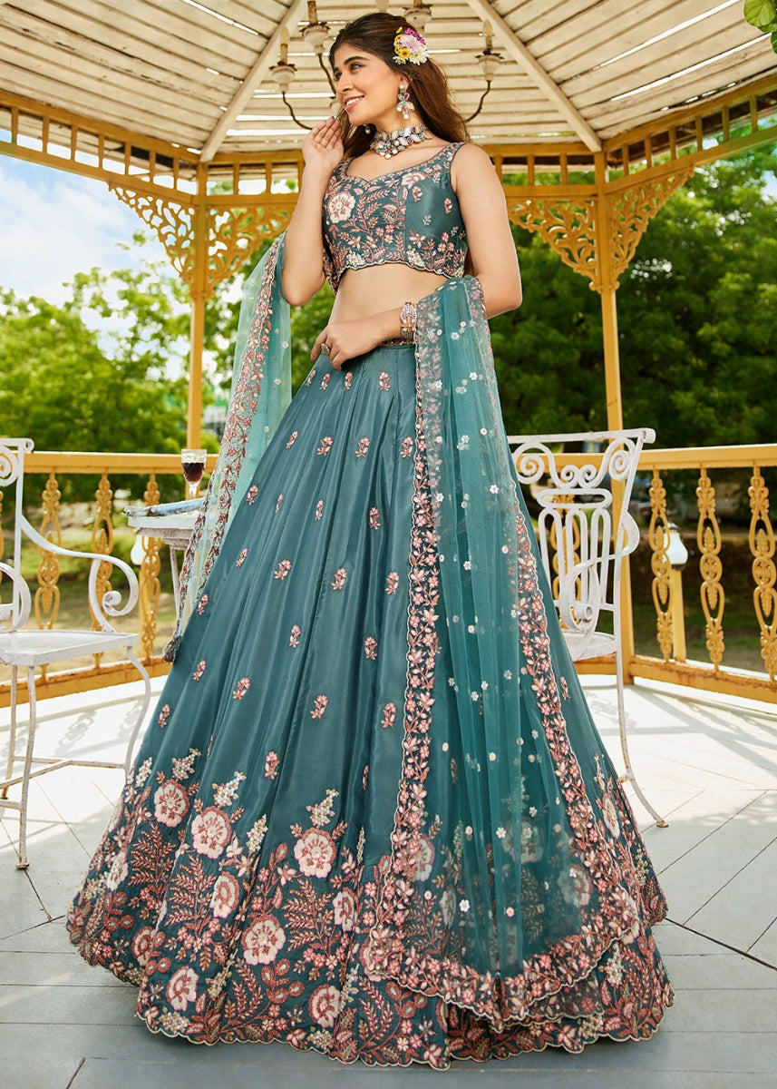 Teal Green Satin Lehenga Choli with Elegant Floral Embroidery - House of Sarvati LLC