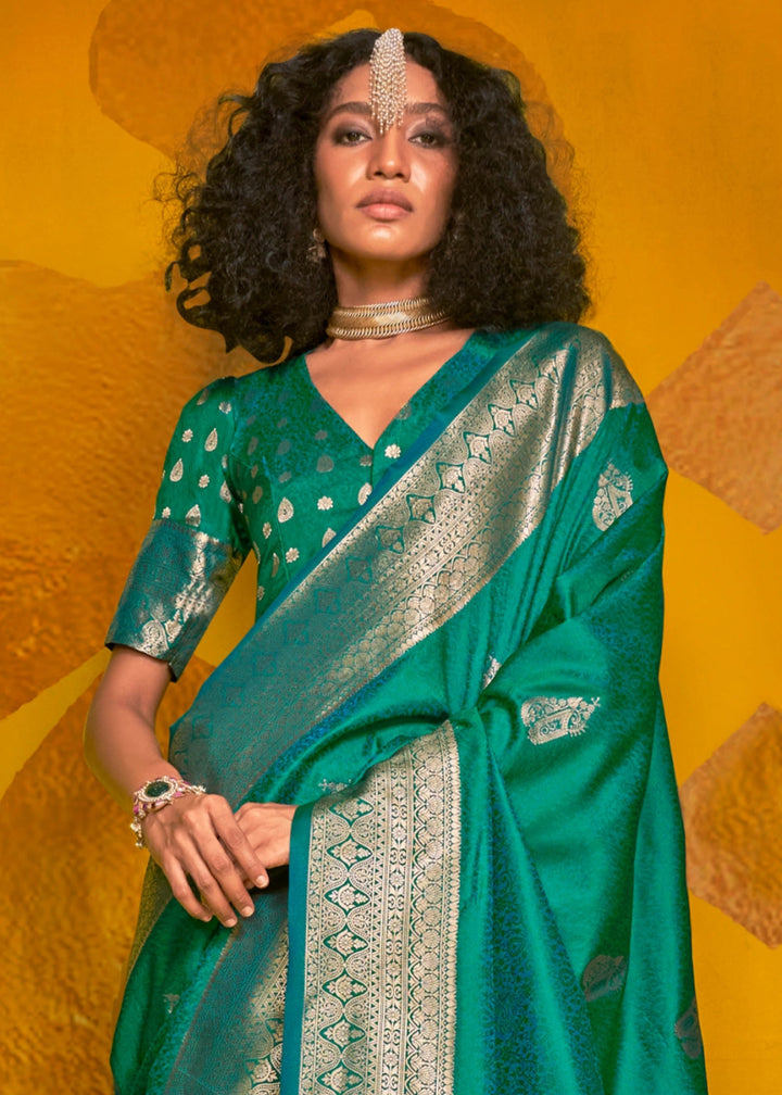 Teal Green Silk Saree Handwoven with Brocade Blouse - House of Sarvati LLC