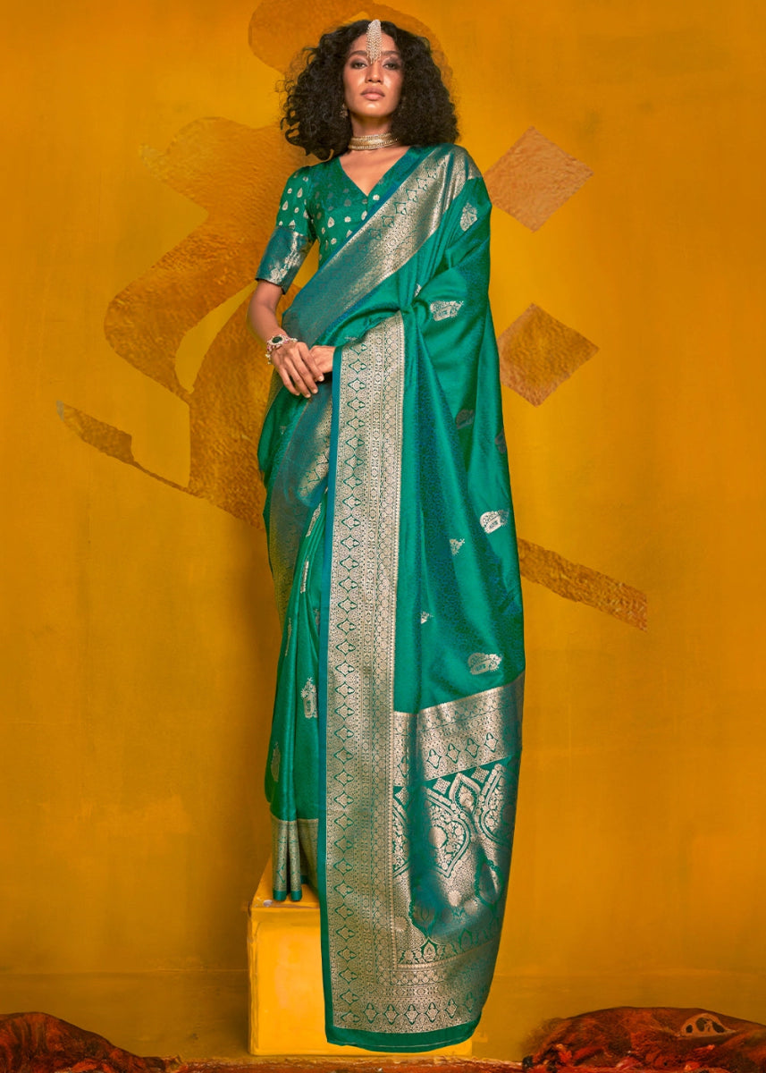 Teal Green Silk Saree Handwoven with Brocade Blouse - House of Sarvati LLC