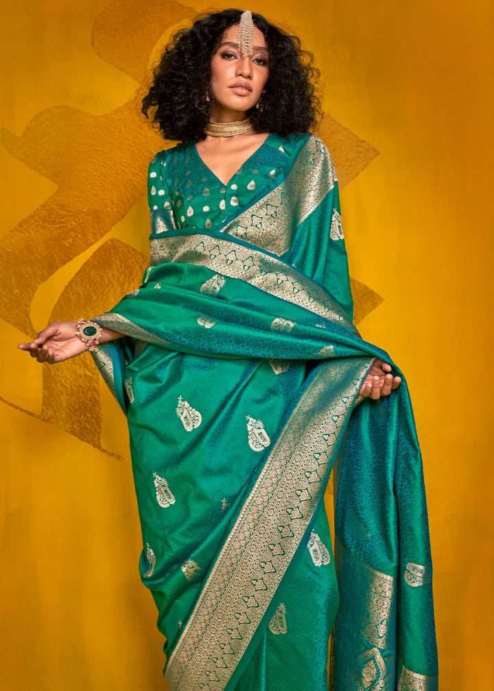 Teal Green Silk Saree Handwoven with Brocade Blouse - House of Sarvati LLC