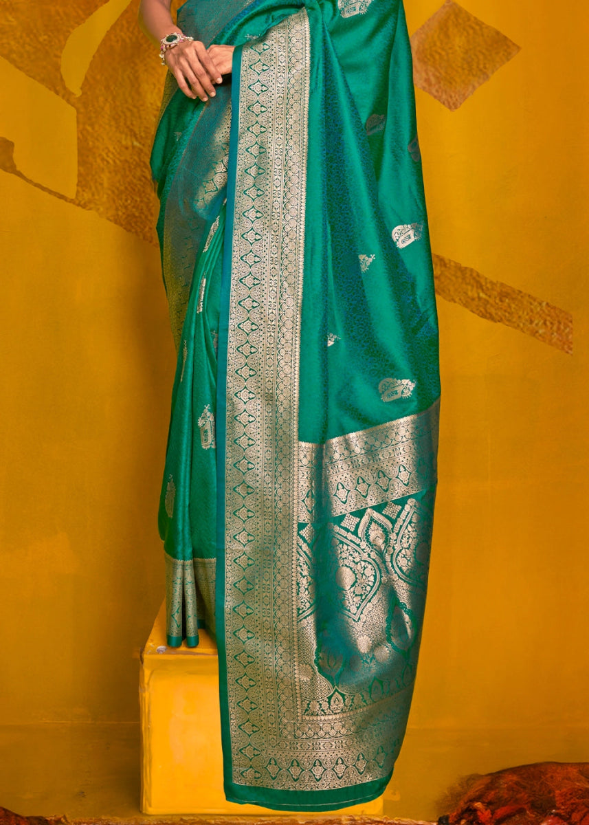 Teal Green Silk Saree Handwoven with Brocade Blouse - House of Sarvati LLC