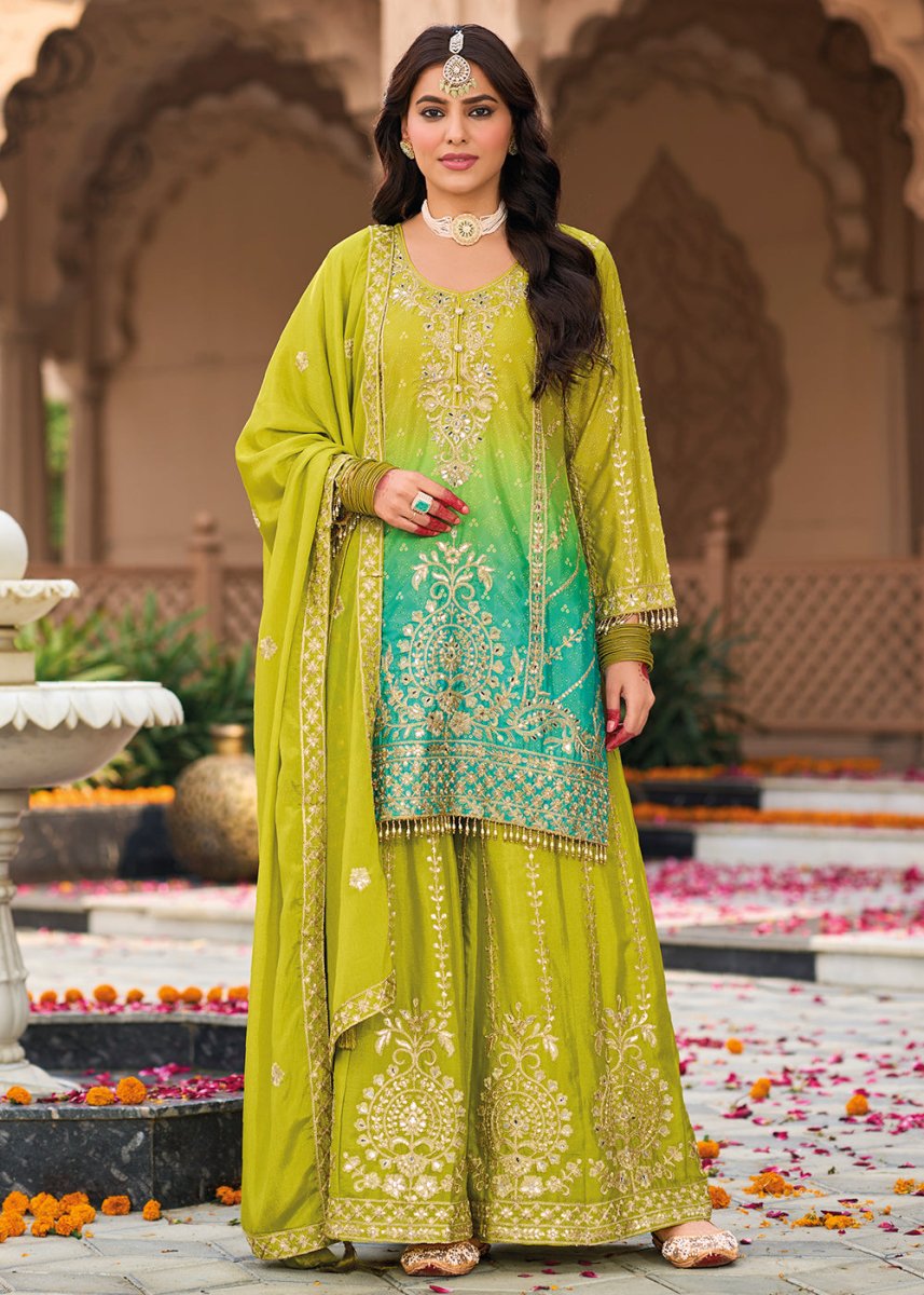 Tear Green Chinon Silk Palazzo Suit with Intricate Embroidery - Eid Edition - House of Sarvati LLC