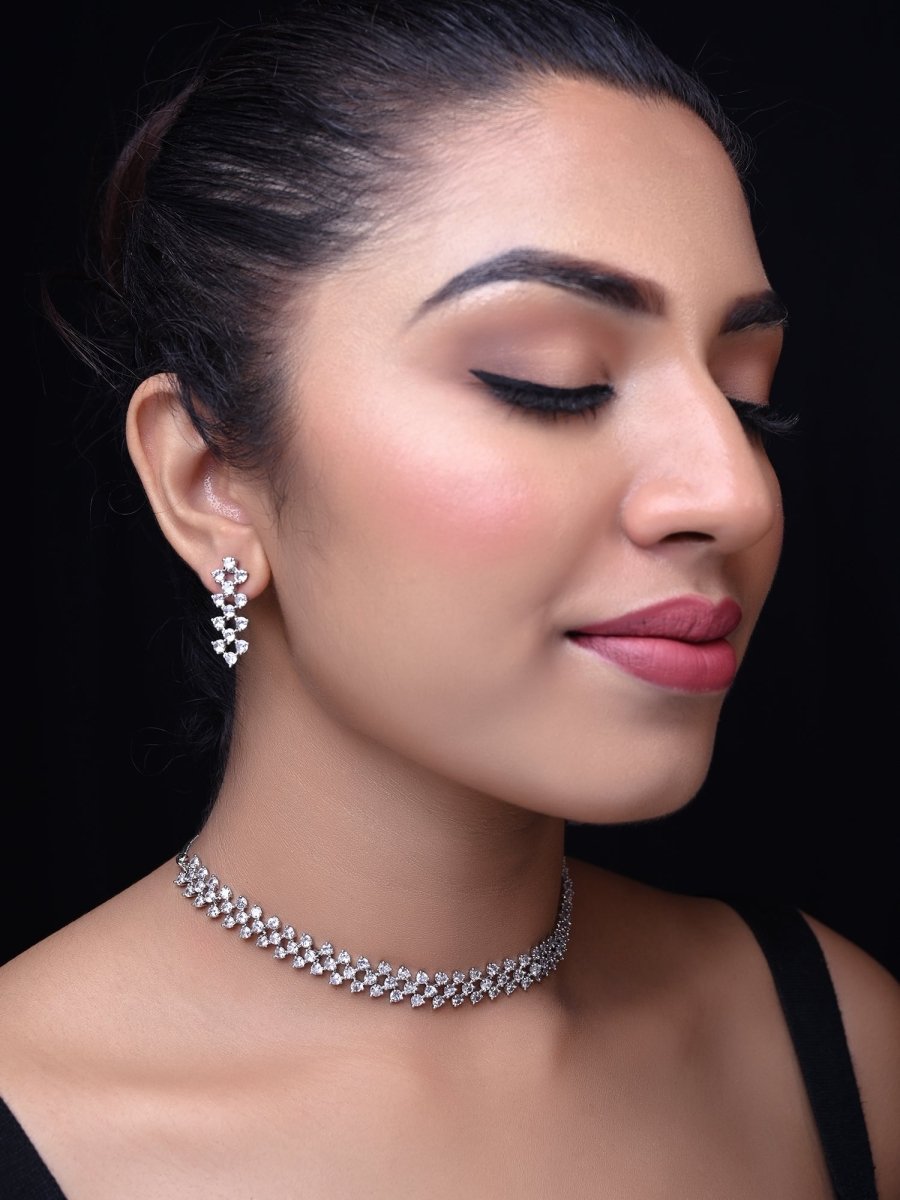 Tejaswini Silver Plated Semiprecious White Stone American Diamond set - House of Sarvati LLC