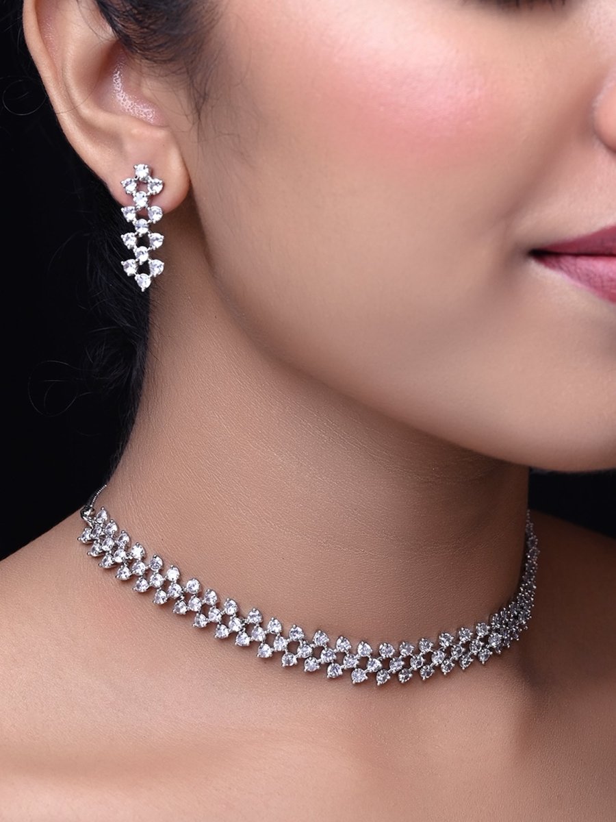 Tejaswini Silver Plated Semiprecious White Stone American Diamond set - House of Sarvati LLC