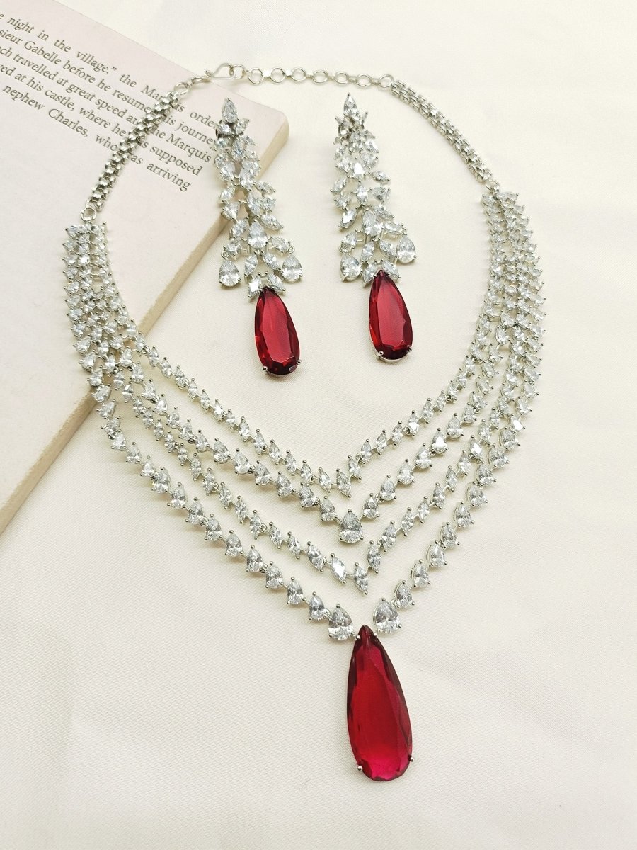 Tejshavi Maroon American Diamond Necklace Set - House of Sarvati LLC