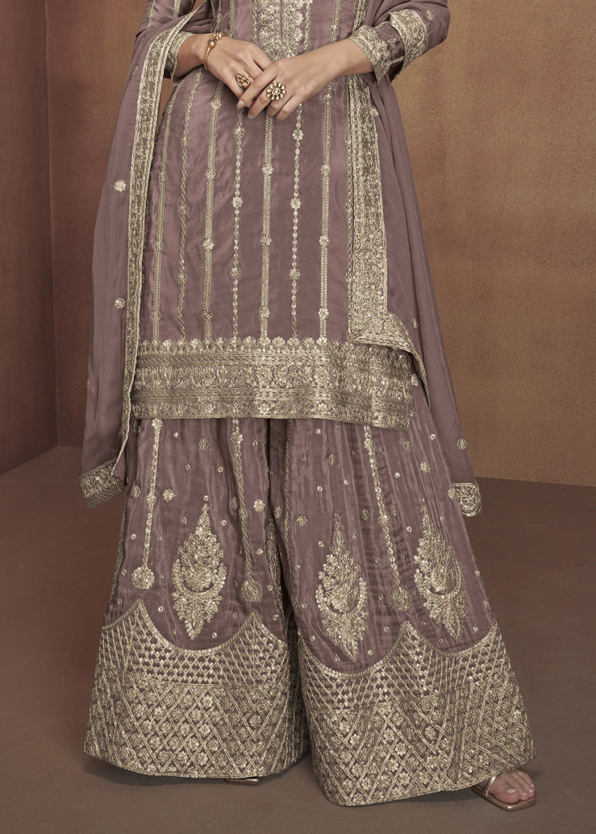 Thistle Purple Festive Palazzo Suit in Soft Simar Silk with Embellishments - House of Sarvati LLC