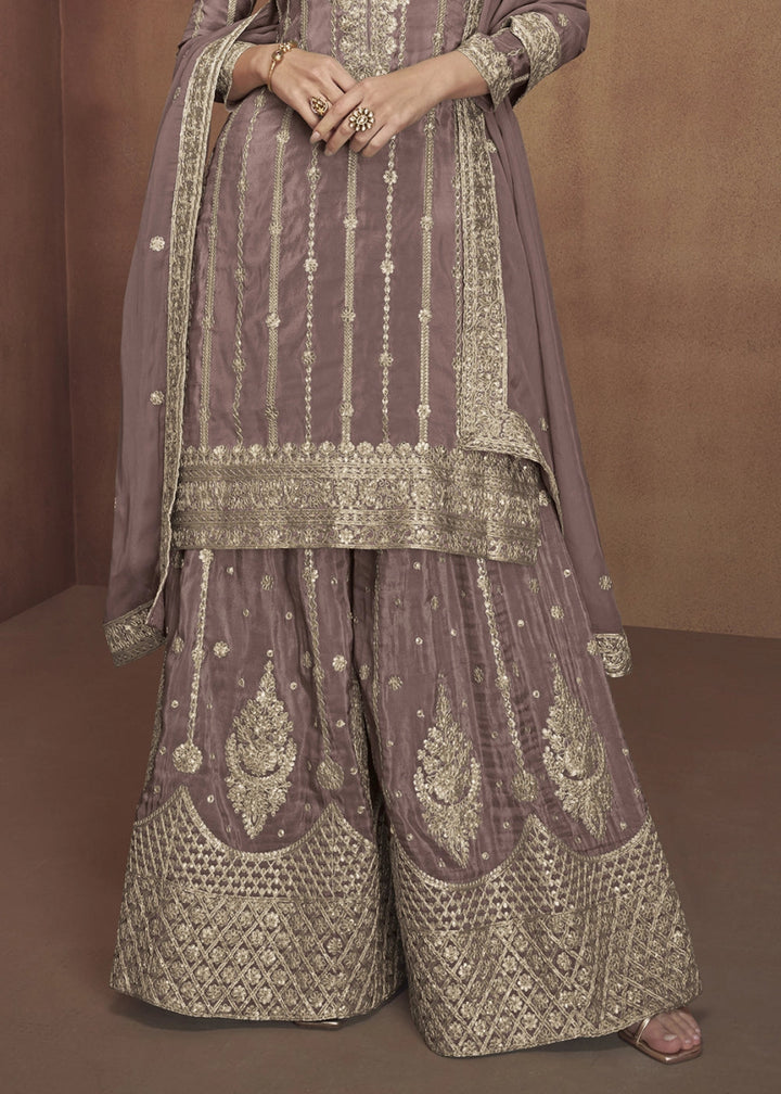 Thistle Purple Festive Palazzo Suit in Soft Simar Silk with Embellishments - House of Sarvati LLC