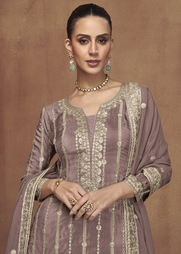 Thistle Purple Festive Palazzo Suit in Soft Simar Silk with Embellishments - House of Sarvati LLC