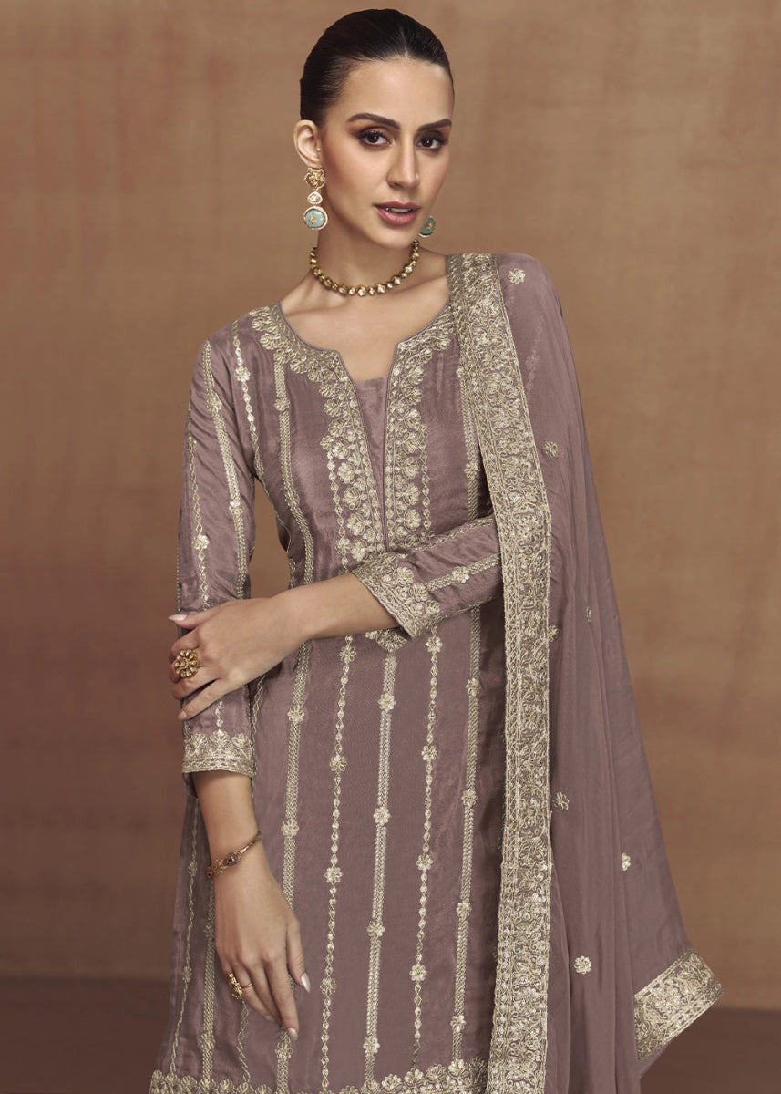 Thistle Purple Festive Palazzo Suit in Soft Simar Silk with Embellishments - House of Sarvati LLC