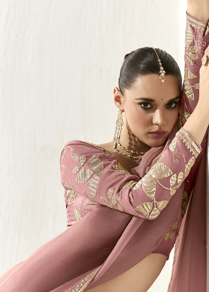 Thullian Pink Designer Tissue Organza Saree With All - Over Buttas And Hand Embroidered Blouse - House of Sarvati LLC