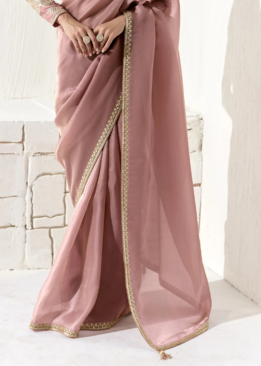 Thullian Pink Designer Tissue Organza Saree With All - Over Buttas And Hand Embroidered Blouse - House of Sarvati LLC
