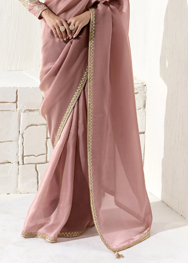 Thullian Pink Designer Tissue Organza Saree With All - Over Buttas And Hand Embroidered Blouse - House of Sarvati LLC