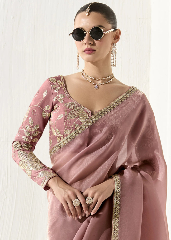 Thullian Pink Designer Tissue Organza Saree With All - Over Buttas And Hand Embroidered Blouse - House of Sarvati LLC