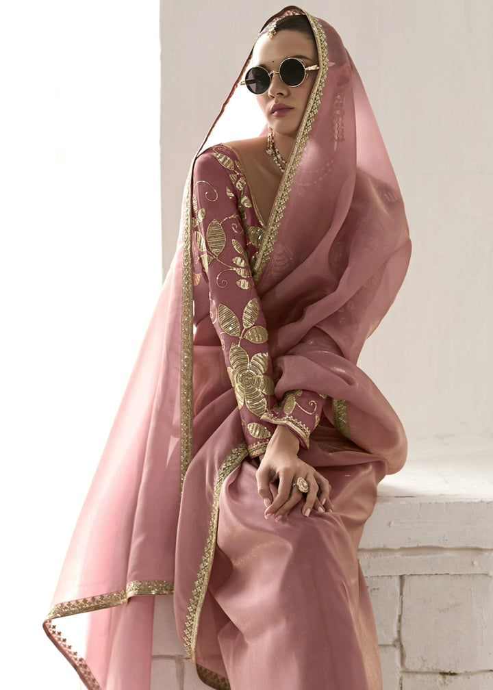 Thullian Pink Designer Tissue Organza Saree With All - Over Buttas And Hand Embroidered Blouse - House of Sarvati LLC