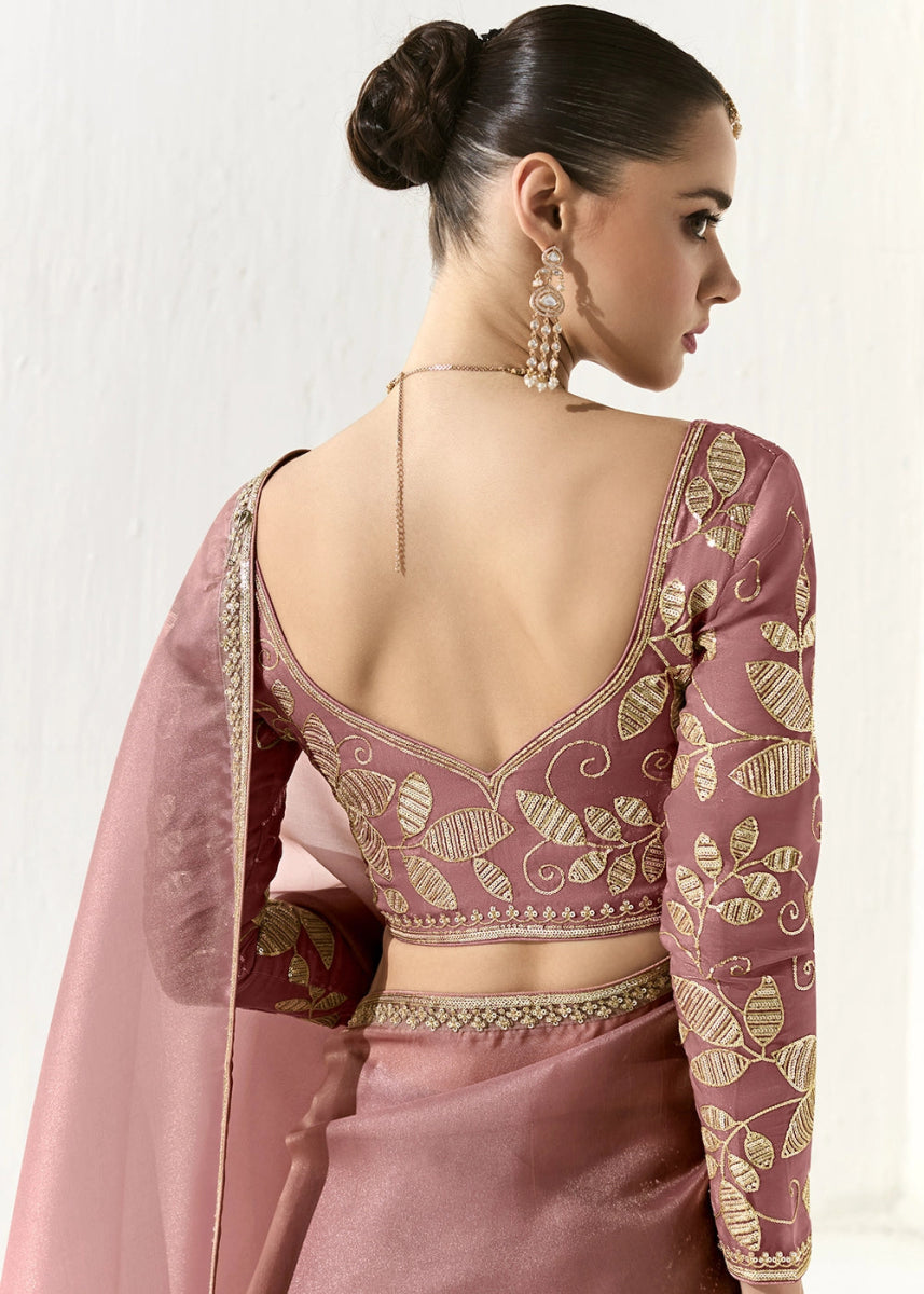Thullian Pink Designer Tissue Organza Saree With All - Over Buttas And Hand Embroidered Blouse - House of Sarvati LLC
