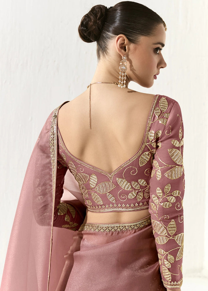 Thullian Pink Designer Tissue Organza Saree With All - Over Buttas And Hand Embroidered Blouse - House of Sarvati LLC