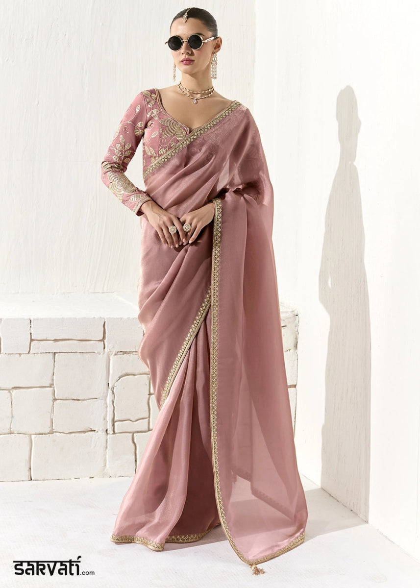 Thullian Pink Designer Tissue Organza Saree With All - Over Buttas And Hand Embroidered Blouse - House of Sarvati LLC