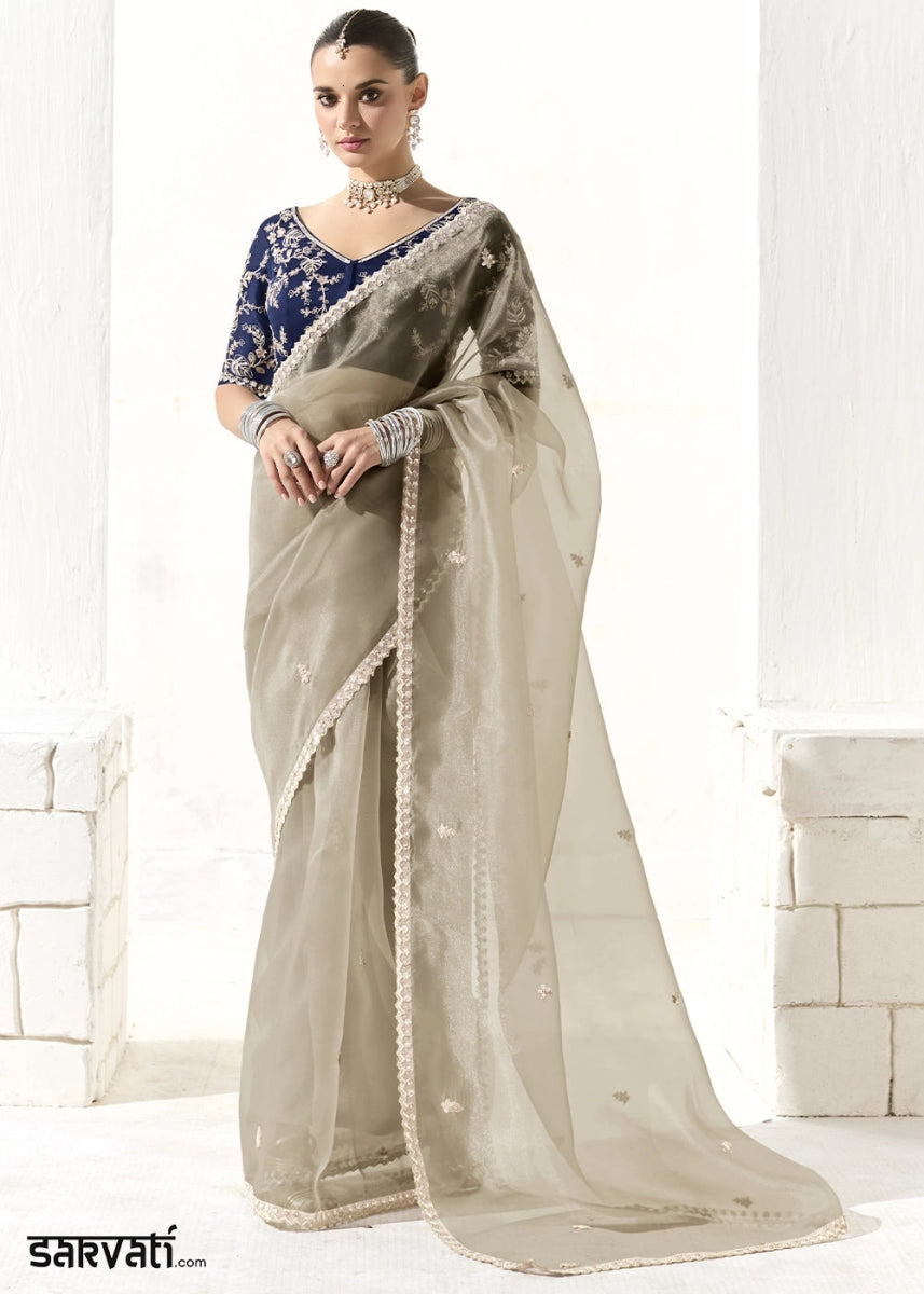 Thunder Grey Designer Tissue Organza Saree With All - Over Buttas And Hand Embroidered Blouse - House of Sarvati LLC