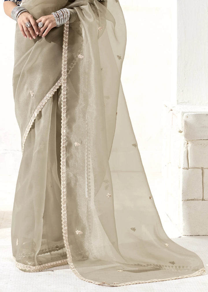 Thunder Grey Designer Tissue Organza Saree With All - Over Buttas And Hand Embroidered Blouse - House of Sarvati LLC