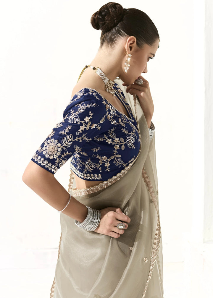 Thunder Grey Designer Tissue Organza Saree With All - Over Buttas And Hand Embroidered Blouse - House of Sarvati LLC