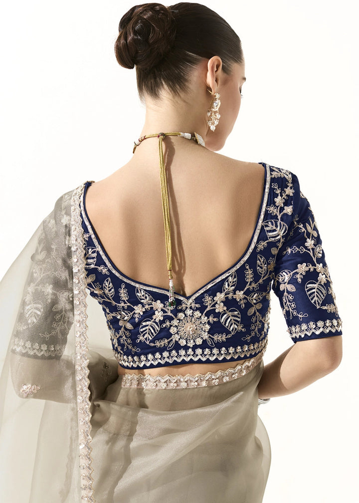 Thunder Grey Designer Tissue Organza Saree With All - Over Buttas And Hand Embroidered Blouse - House of Sarvati LLC