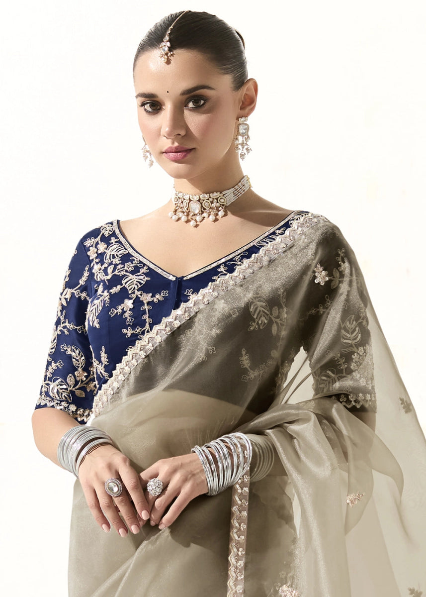 Thunder Grey Designer Tissue Organza Saree With All - Over Buttas And Hand Embroidered Blouse - House of Sarvati LLC