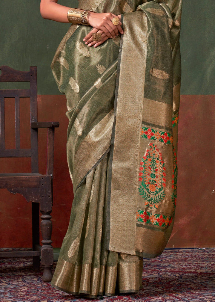 Thyme Green Paithani Saree in Tissue Silk with Zari Work - House of Sarvati LLC