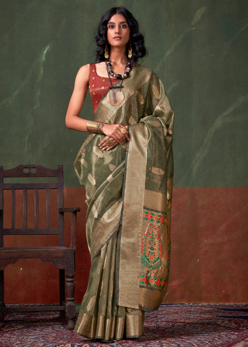Thyme Green Paithani Saree in Tissue Silk with Zari Work - House of Sarvati LLC