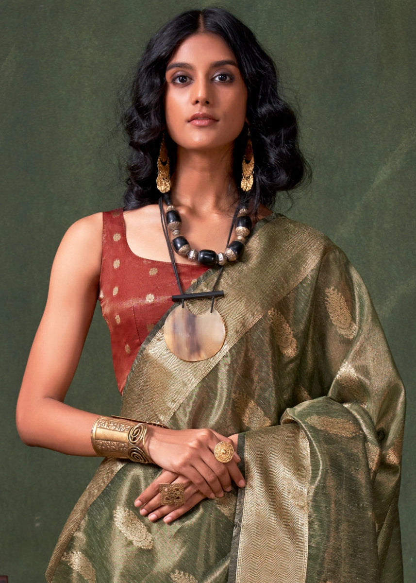 Thyme Green Paithani Saree in Tissue Silk with Zari Work - House of Sarvati LLC