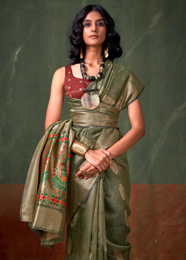 Thyme Green Paithani Saree in Tissue Silk with Zari Work - House of Sarvati LLC