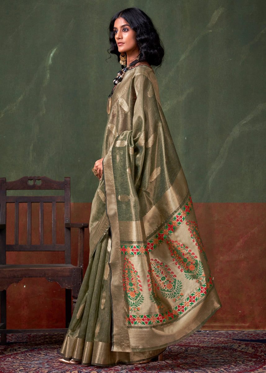 Thyme Green Paithani Saree in Tissue Silk with Zari Work - House of Sarvati LLC