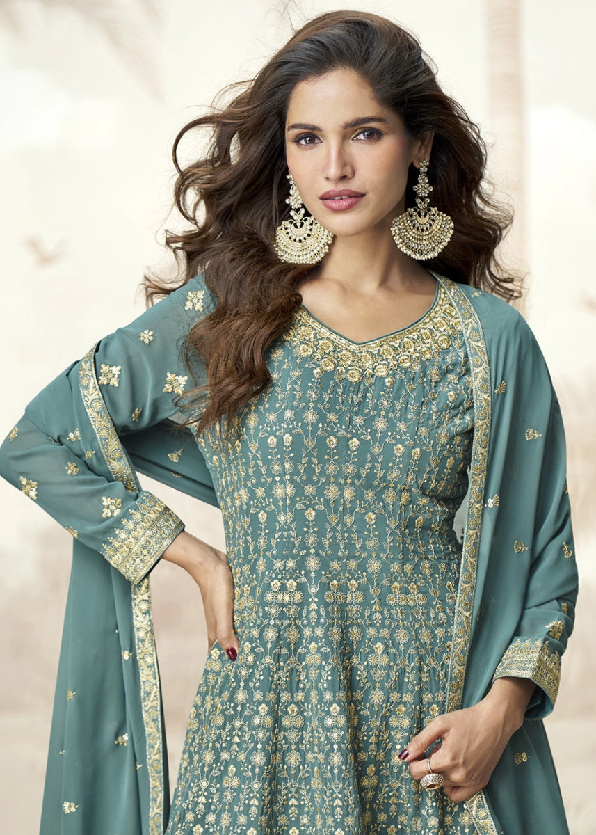 Tiffany Blue Georgette Palazzo Suit for Women with Embroidery Work - House of Sarvati LLC