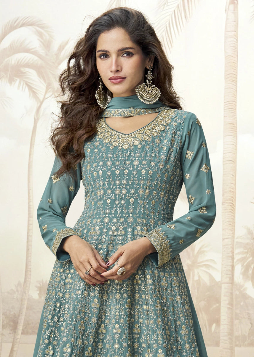 Tiffany Blue Georgette Palazzo Suit for Women with Embroidery Work - House of Sarvati LLC
