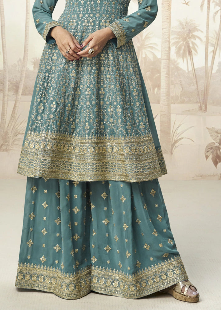 Tiffany Blue Georgette Palazzo Suit for Women with Embroidery Work - House of Sarvati LLC