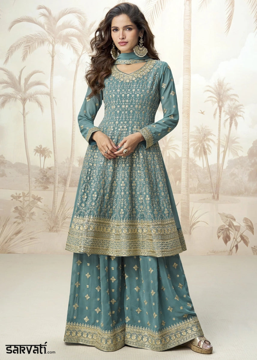 Tiffany Blue Georgette Palazzo Suit for Women with Embroidery Work - House of Sarvati LLC