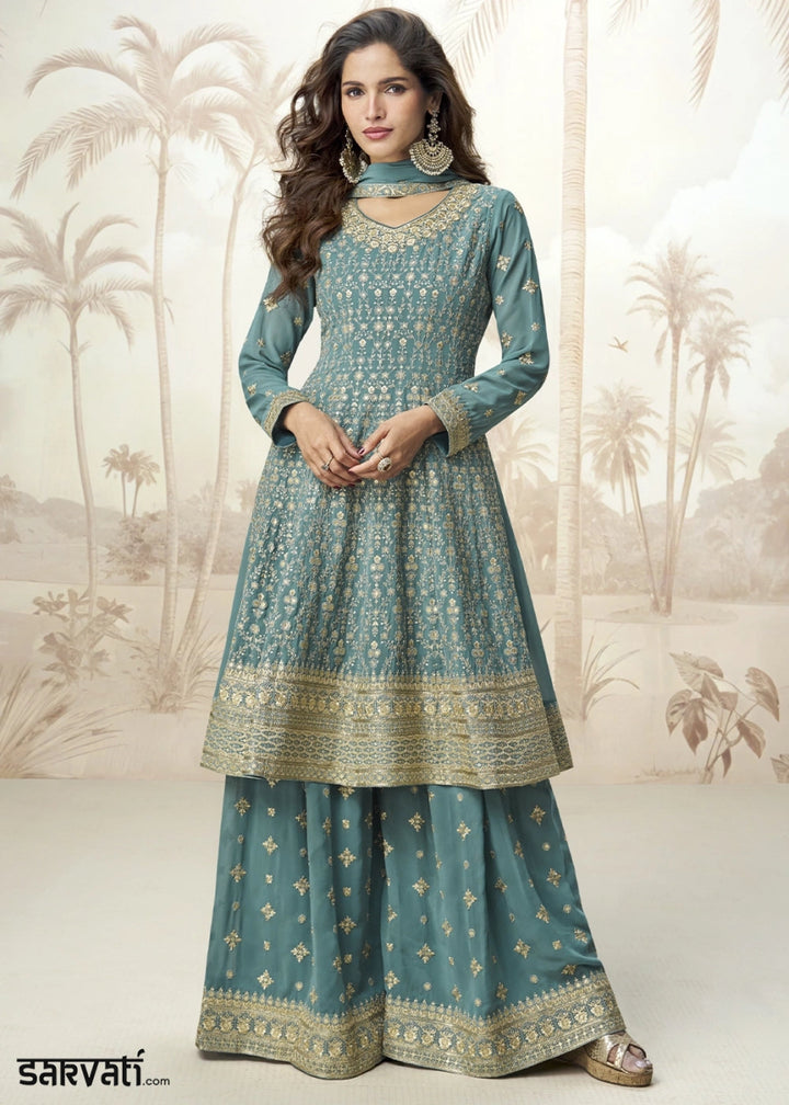 Tiffany Blue Georgette Palazzo Suit for Women with Embroidery Work - House of Sarvati LLC