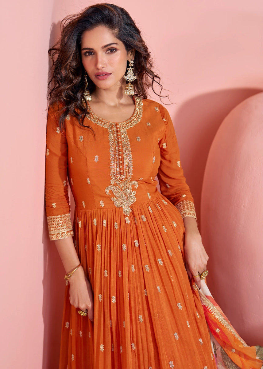 Tiger Orange Anarkali Gown in Chinon Silk with Dual Embroidery - House of Sarvati LLC