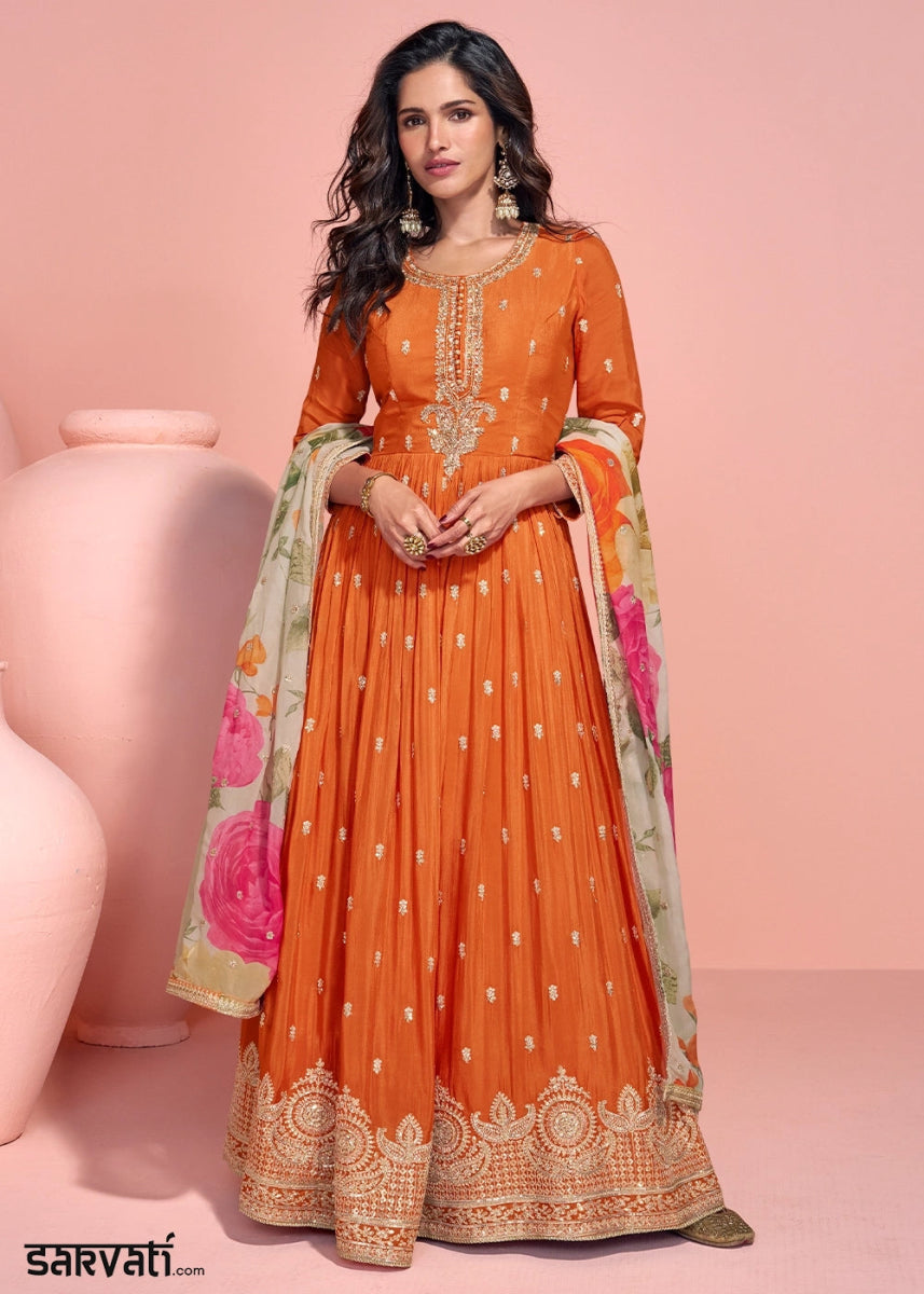 Tiger Orange Anarkali Gown in Chinon Silk with Dual Embroidery - House of Sarvati LLC