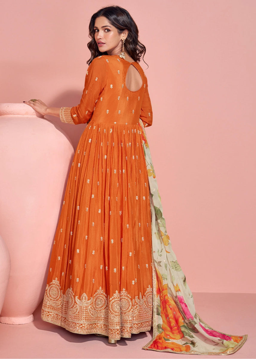 Tiger Orange Anarkali Gown in Chinon Silk with Dual Embroidery - House of Sarvati LLC