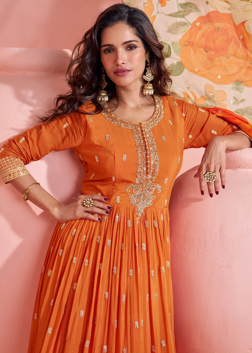 Tiger Orange Anarkali Gown in Chinon Silk with Dual Embroidery - House of Sarvati LLC