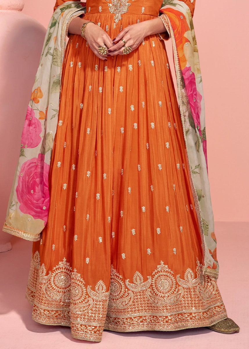 Tiger Orange Anarkali Gown in Chinon Silk with Dual Embroidery - House of Sarvati LLC