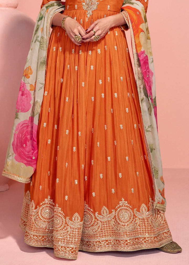 Tiger Orange Anarkali Gown in Chinon Silk with Dual Embroidery - House of Sarvati LLC