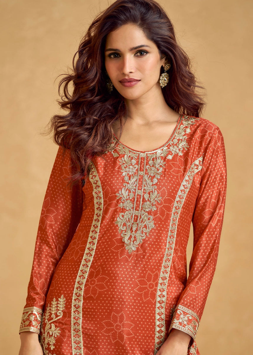 Tiger Orange Embroidered Chinon Silk Palazzo Suit with Bandhani Print - House of Sarvati LLC