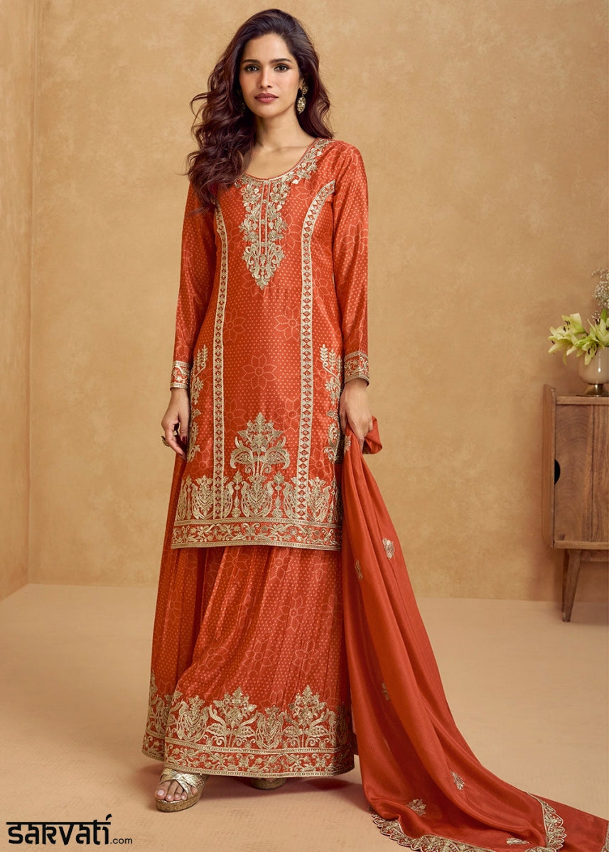 Tiger Orange Embroidered Chinon Silk Palazzo Suit with Bandhani Print - House of Sarvati LLC