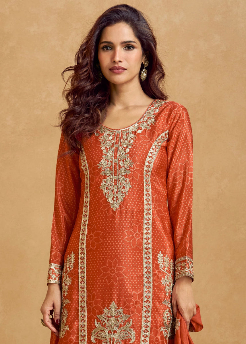 Tiger Orange Embroidered Chinon Silk Palazzo Suit with Bandhani Print - House of Sarvati LLC