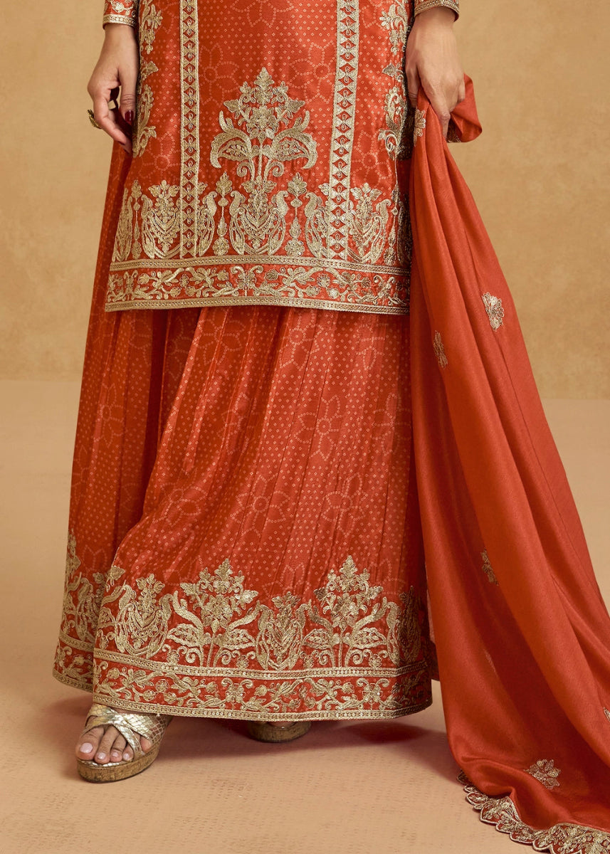 Tiger Orange Embroidered Chinon Silk Palazzo Suit with Bandhani Print - House of Sarvati LLC
