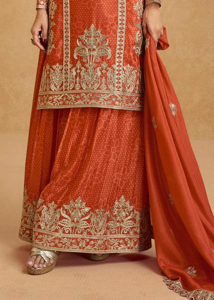 Tiger Orange Embroidered Chinon Silk Palazzo Suit with Bandhani Print - House of Sarvati LLC