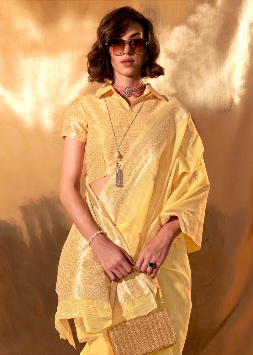 Titanium Yellow Linen Silk Saree with Woven Zari Highlights - House of Sarvati LLC